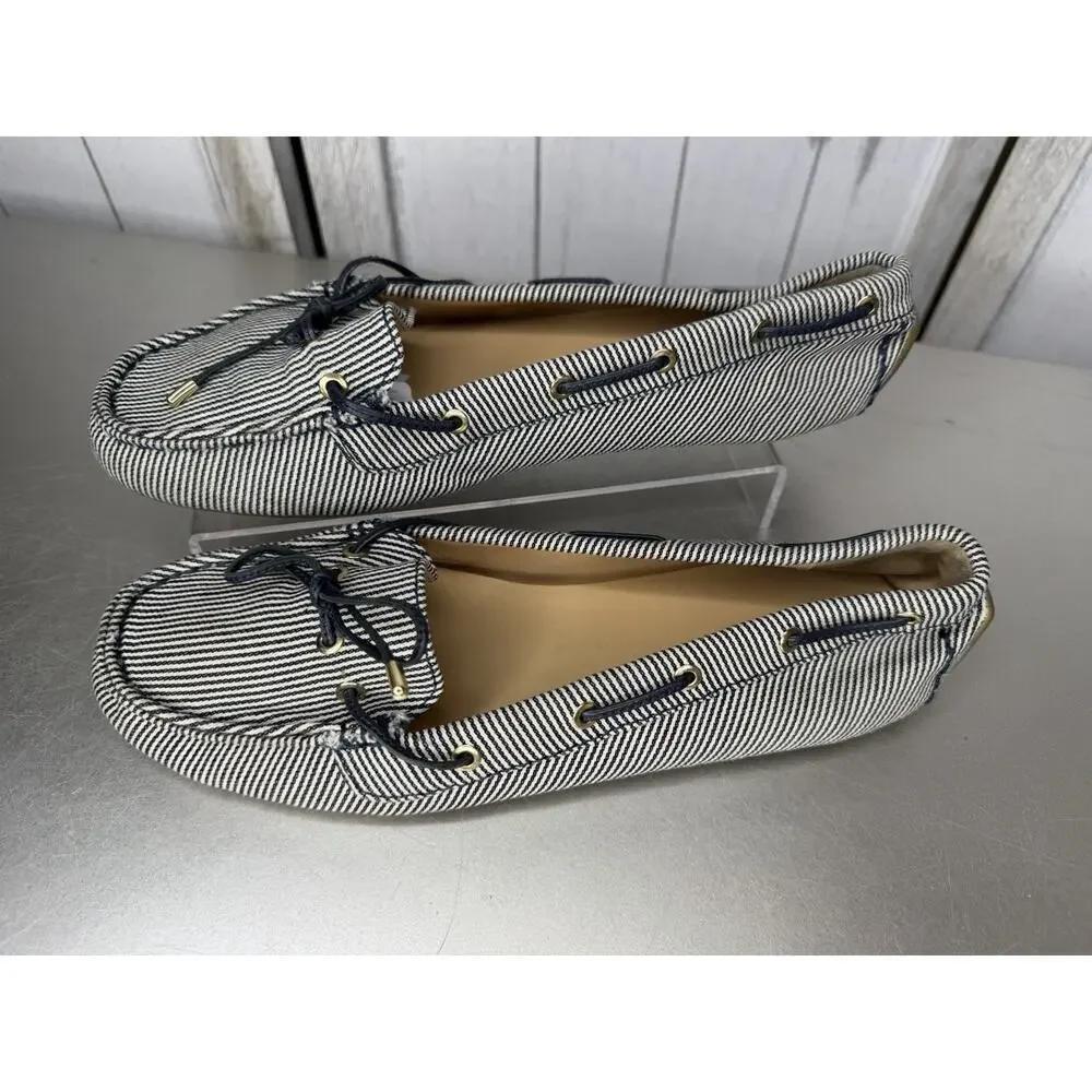 Talbots Boat Shoes Loafer Navy & White Striped Canvas & Leather Trim Sz 8.5